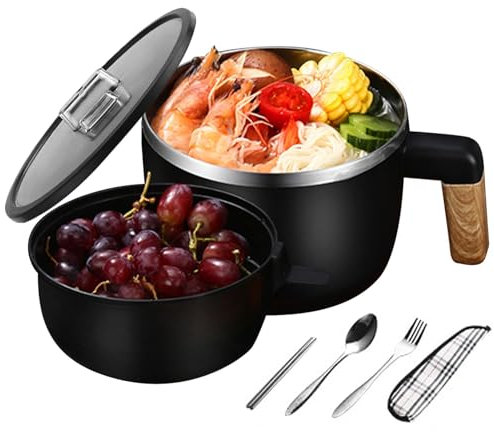 Duroecsain Bol de nouilles au micro-ondes avec poignées, bol de nouilles instantanées avec couvercle - Grand bol à soupe avec couvercle | Bols de nouilles au micro-ondes, bol Pasta en acier inoxydable