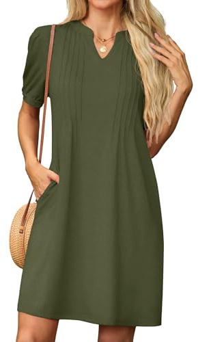 GRECERELLE Womens Dresses Summer Casual Short Sleeve V Neck Shift Dress for Women Ladies T Shirt Dress with Pockets