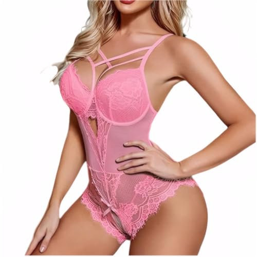 HOTSO Body Damen Sexy Spitze Unterwäsche, Einteiliger Body Dessous Babydoll One Piece Outfit Snap Crotch Frau Ehegatte Flitterwochen Hochzeitsnacht Party Täglich (Rosa, L-XL)