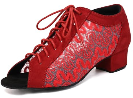 GYUBL Women's Lace-up Latin Practice Dance Shoes Peep Toe, Burgundy, 6 UK