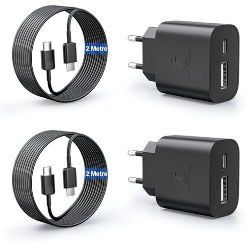 2 Pack 25W Cargador Carga Rapida para Samsung Galaxy S25 S24 S23 S22 S21 S20 Ultra A56 A55 A54 A53 A36 A35 A34 A26 A25 A16 A15 A14 A13 A06 A05s M55 M35, 2-Puertos Enchufe PD+QC Rápido y Cable 2M