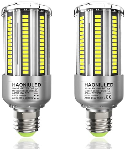 32W E27 LED Lampe mit Bewegungsmelder und Dämmerungssensor, Ersetzt 300W Halogenlampe, 4500lm 6500K Kaltweiß Glühbirnen, Automatisch ein/aus,Abstrahlwinkel 360°,Nicht Dimmbar, 2er Pack