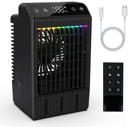 Klimaanlage Mobil, Leise Luftkühler mit 1000 ml Wassertank, 2-12H Timer, 4 Geschwindigkeiten 7 Farben Nachtlicht, Mini Klimagerät ohne Abluftschlauch, Luftkühler Geeignet für Schlafzimmer, Büro