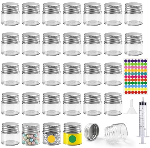 Ferenando 30 Stück 10ml Breitmündungs Reagenzglas mit Schraubverschluss aus Aluminium, Kleine Schraubgläser mit 4 Zubehör, Klare Flüssigkeitsprobe Fläschchen für DIY-Accessoires, Proben Speichern