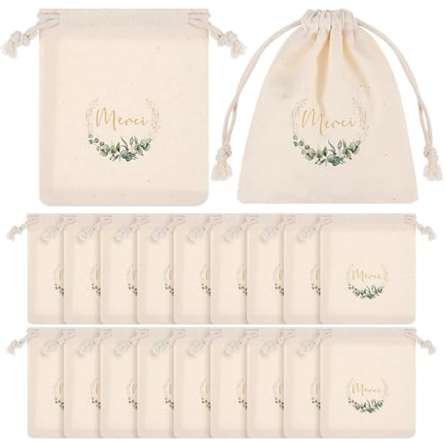 Xuniea 20 Pièces Boite Dragées de Baptême avec Merci, Eucalyptus | Sachet Dragées de Mariage, Sacs Cadeaux pour Invités, Contenant pour Anniversaire, Confirmé Naissance Noël