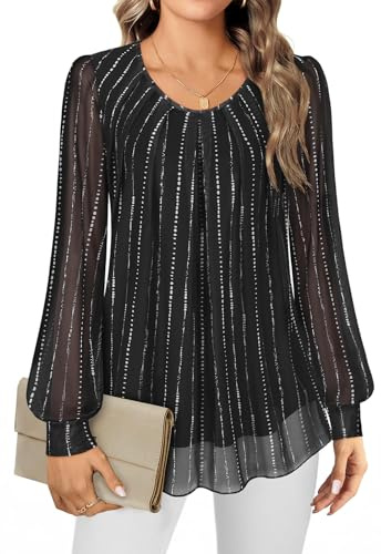 Gemulate Women's Blouses Ladies Long Sleeve Tops Chiffon Tops for Women UK Crew Neck Pleated Front Loose Fit Ladies Top Flowy Double Layered Mesh Shirts M-3XL