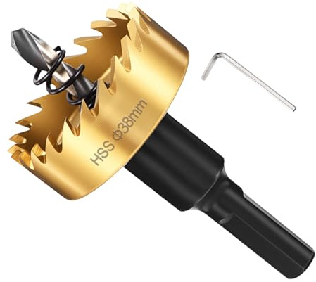 METALLIXITY Hole Saw 38mm 1-1/2 4241 High Speed Steel for Metal Gold | Hole Cutter with Center Drill Bit, Hex Key and Spring for Plastic, PVC Boards