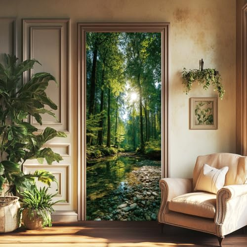 arricraft 2 Blatt Selbstklebender Türaufkleber 80cm X 200cm /31.5x78.7 Zoll Türaufkleber Mit Grünem Wald Bach Sonnenschein Abnehmbare PVC Tapete Dekoration Für Zuhause Schlafzimmer Wohnzimmer