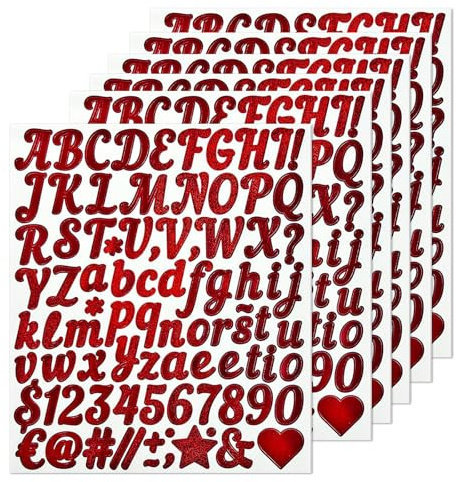Auroriel 6 Blätter Rote Glänzende Selbstklebende Buchstaben Aufkleber Vinyl Sticker Alphabet Zahlen Symbole DIY Klebebuchstaben für Hochzeit Geburtstag Tür Briefkasten Dekoration