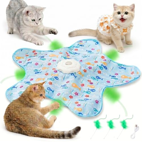Total 3 Replaceable Feathers, Hide and Seek Interactive Cat Toy, 3 Modes Kitten Toys, Hidden Feather, Realistic Mouse Squeaking Sound, Rechargeable Electric Cat Toy for Indoor Adult Cats