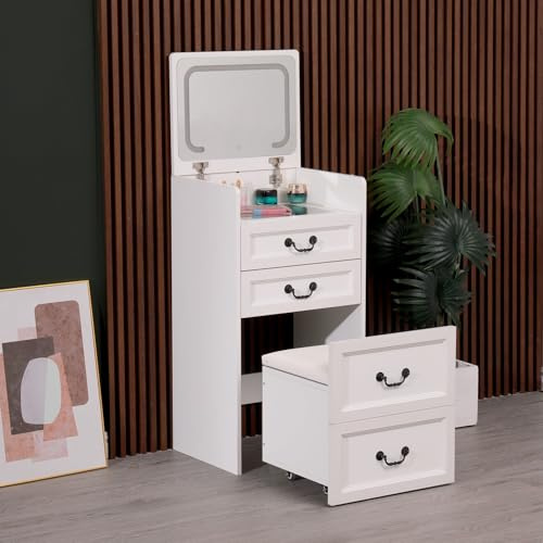 WestWood Dressing Makeup Table Set with Large Tabletop and Stool Wooden White Va