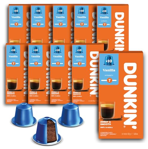 100 Capsules de café vanille Dunkin' Donuts | Compatibles avec les machines Nespresso Original Line| 100% arabica | Torréfaction douce et subtile note de vanille| Onctueux, aromatique et irrésistible