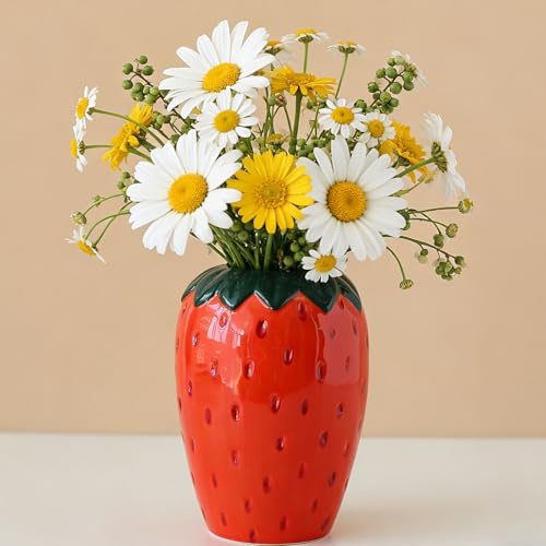 Busnos Rote Erdbeer Keramik Vase Pampasgras Deko Wohnzimmer modern Vase Zimmer Wohnzimmer Deko Aesthetic Boho Modern Keramik Vasen für Schminktisch Couchtisch Schlafzimmer (11x11x15cm)