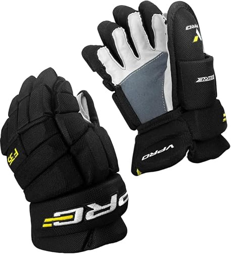 VPRO Ice Hockey Gloves - Black with White Accents, Nylon Shell with Shock Absorbing FoamSweat Absorbing Lining