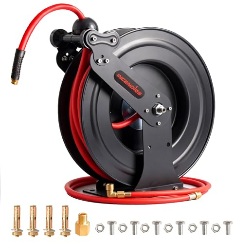 Retractable Air Hose Reel, Auto Rewind 9.5mm x 20m Hybrid Polymer Hose | Dual Arm, Heavy-duty Steel, 2m Lead-in, Max 20BAR, 180° Swivel, Wall/Ceiling Floor Mount for Garage, Home Studio