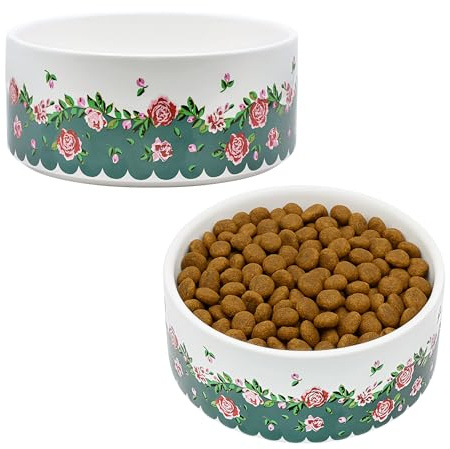 Cath Kidston Set of 2 Ceramic Pet Bowls (400 ml), Dishwasher Safe Food & Water Bowl for Cats & Dogs, Naturally Weighted, Dolly Rose Floral Design | 13.5cm Diameter
