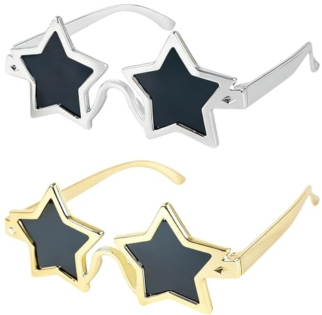 AIWXEEU 2 Piezas Gafas de Sol en Forma de Estrella, Gafas de Estrella de Cinco Puntas, Divertidas Lentes de Pentagrama para Niños y Adultos Fiesta Props de Fotos (Dorado, Plata)