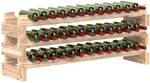 HOMCOM Casier à Bouteilles pour 36 Bouteilles 114x28x42,5cm Bois Naturel | Étagère à Vin 3 Niveaux Modulable Superposable, Bois de Sapin Massif, pour Cave Bars Sous-Sols