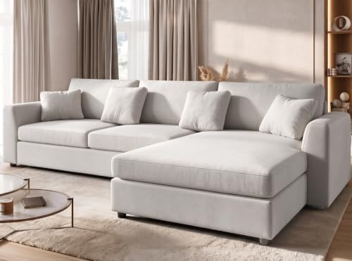 Kingfun 274cm Ecksofa Weiß mit Schlaffunktion, 3 Sitzer L Form Eckcouch Chenille für Wohnzimmer & Schlafzimmer, L Form Big Sofa mit Veränderbare Chaiselongue für Büro & Apartment