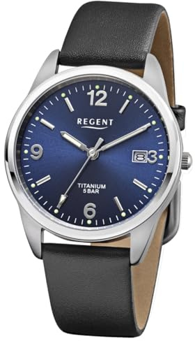 REGENT F-1680 Herrenuhr Titan Grau Blaues Sunray Zifferblatt Lederband Schwarz 36 mm Quarz 5 ATM