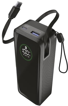 Cellularline power bank Roller 20.000 mAh con output fino a 65 W, cavo USB-C retrattile integrato da 70 cm, porte USB-C e USB-A, display LCD, ricarica 3 dispositivi, nero