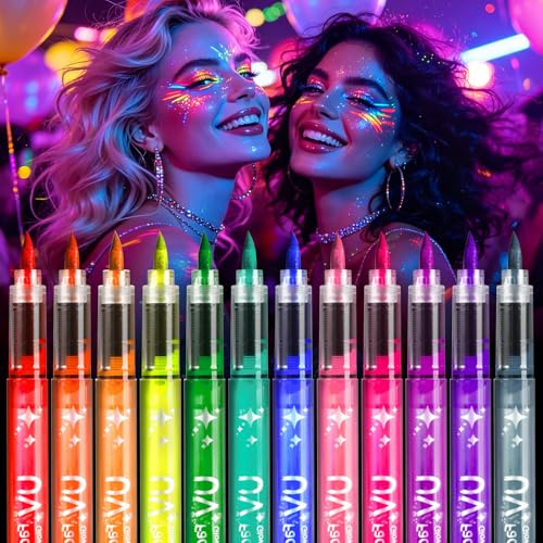 KASURE Peinture Corporelle Lavable, Stylo UV 12 Couleurs, Peinture Phosphorescente Corps, Marqueurs de Tatouage Peau Solubles, Maquillage Fluorescent dans le Noir, pour Fêtes,Soirées Fluos