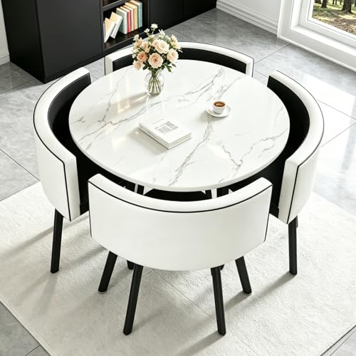 AMZSEW Modernes Esstisch-Set mit Stühlen, 90cm Runder Esstisch und 4 Esszimmerstühle PU-Leder Tisch und 4 Stühle für Küche, Wohnzimmer, Balkon, Restaurant, Büro(White)