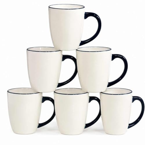 superyes Two-Tone Ceramic Coffee Mug Set 6, White with Navy Blue Handle and Rim, 15 oz, Microwave & Dishwasher Safe