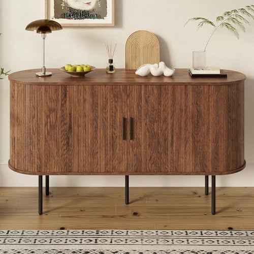 FammyLoft Sideboard mit Rolljalousie-Türen, Kommode mit Aluminiumgriffen, Komodenschrank mit Eisenbeinen für Eingangsbereich/Wohnzimmer/Esszimmer, Sideboard Küche, Büroschrank, 140cm, Nussbaum