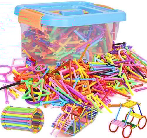 LONTG Construction Building Blocks Set Magic 3D Puzzle Bars Kit with Interlocking Sticks Geometry Intelligent Learning Education Toys with Toy Storage Tote for Girls Boys Age 3+, 400 pieces