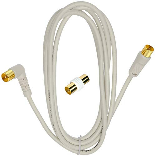 1STec 1m Right Angled-Straight Male Connectors + Coupler using 75ohm Coax : TV Aerial Fly Lead for Connecting Wall Outlets to Flat Screen LED LCD Televisions or Freeview Set Top Boxes (1 Metre White)