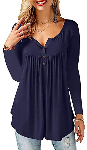 Beluring Women's Long Sleeve Button up Ruched Tunic Tops Casual Blouse T-Shirt Navy Size 22 24