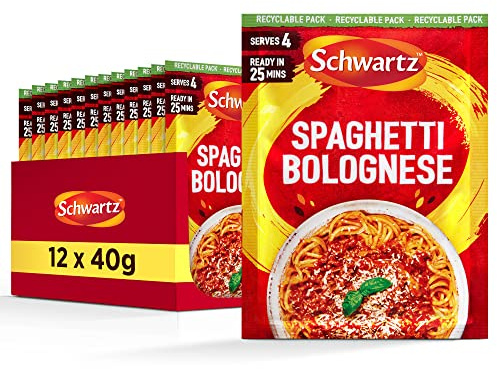 Schwartz Spaghetti Bolognese Recipe Mix 40 G | Serves 4 | Pack of 12 | Delightful flavour, Delicious Meal | With Tomato, Garlic, Basil, and Oregano | No Artificial Colourings or Flavourings