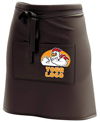 Ferocity Kurze Personalisierte Schürze Kellnerschürze Vorbinder mit Buntem Namen Firmenlogo personalisiert mit Taschen für Bistro Restaurant, Braun mit Buntem Logo [074]