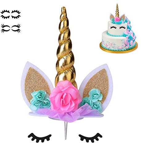COONOE, Unicorn Cake Topper,Handmade Party Cake Decoration Supplies with multiple Eyelashes,Reuasble Gold Horn for Birthday Party,Baby Shower&Wedding