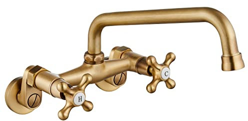 gotonovo Wall Mount Kitchen Sink Faucet Double Cross Handle Commercial Faucet 6 Inch Center Hole Distance Spread Mixer Tap 360 Rotatable Spout 8 Inch Spout Reach Antique Brass