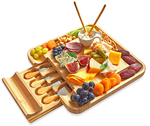 Bamboo Cheese Board and Knife Set with Slide-Out Cutlery Drawer