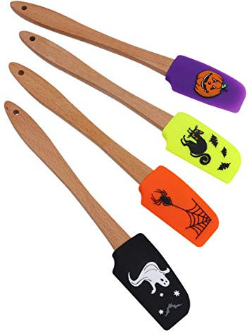 DOITOOL 4 Stück Halloween Silikonspatel Interessante Lustige Holzgriffspatel Silikonschaber Cremespatel zum Backen nach Hause (Geist + Schwarze Katze + Kürbis + Spinnenmuster) Teigschaber