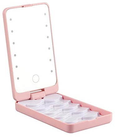 Eyelash Holder Case,False Eyelash Container Organizer Empty with LED Light Eyelashes Storage Case with Makeup Mirror for False Eyelash,Folding Adjustable Vanity 360°Rotating Mirror
