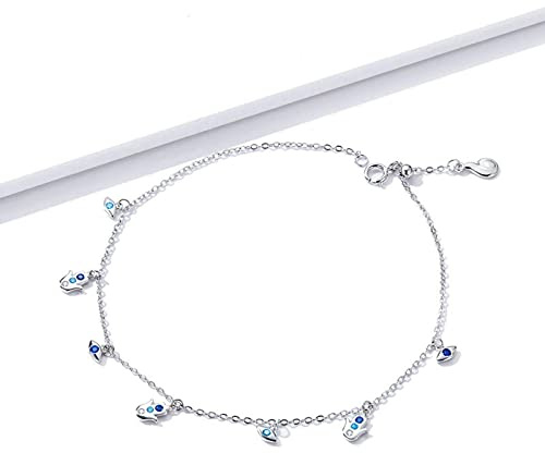 LOKILOKI 925 Sterling Silber Blaues Auge Und Wächter Fatima Hand Silber Fußkettchen Für Frauen Fußschmuck Sommer Armband
