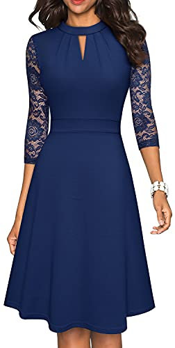 HOMEYEE Damen Elegant Hollow Out Spitze Swing Retro Party Cocktailkleid A234 (S, Dunkelblau)