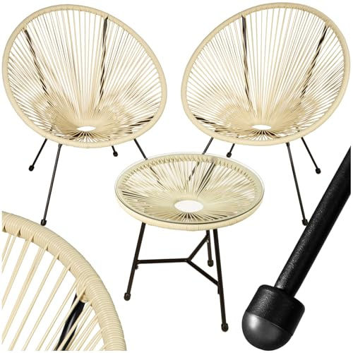 tectake® Conjunto Muebles Jardín Exterior de Acero, Estilo Acapulco, 2 Sillas y 1 Mesa con Cristal, Mesa y Sillas de Terraza Resistentes a Intemperie,Topes en Patas, para Interior y Exterior - Beige