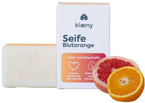 klæny® Feste Hand- & Körperseife Blutorange 100g I Bio Seife auf Basis natürlicher Öle I festes Seifenstück vegan & biologisch abbaubar I Plastikfrei & ohne Palmöl