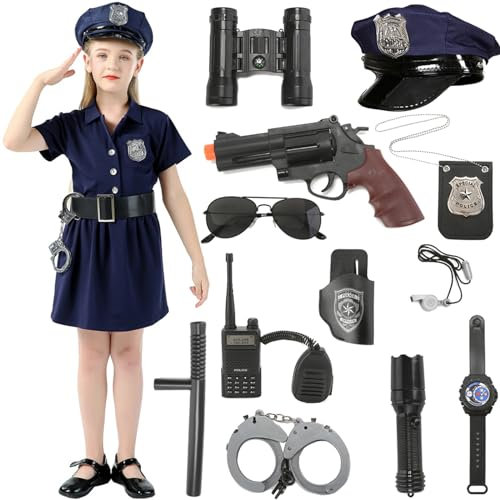 Geplaimir Polizei Kostüm Mädchen 12pcs Polizei Ausrüstung Polizeikelle Polizeisignal Gürtel Handschellen Polizei Spielzeug set für Kinder Mädchen Halloween Karneval Geburtstag Polizeikostüm G038M