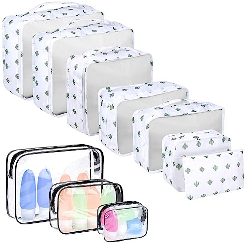 Enloffi Koffer Organizer 10 PCS Kofferorganizer Set Wasserdichte Gepäck Organizer Packwürfel für Toilettenartikel Kleidung Schuhe Kosmetik Leichtgewicht Gepäckorganizer, Weißer Kaktus