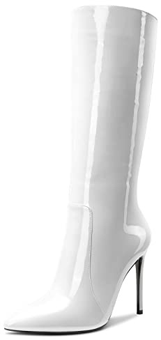 Aachcol Donna Spillo Alto High Tacco Heel Metà polpaccio Stivali Cerniera Chiusa a Punta Dress Scarpe Verniciata Bianco 10 CM 38 EU