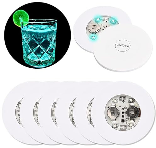 Jinlaili Posavasos LED, Paquete de 6 Pegatinas LED con Luz para Barra de Beber, LED Posavasos Botella de Iluminación, Redondos Posavasos Luminosos para Copa de Vino de Cerveza, Estera de Bebidas