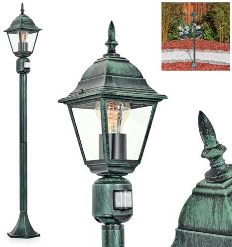 Außenwegeleuchte Naofe, Wegeleuchte mit Bewegungsmelder aus Metall/Glas in Schwarz-Grün/Klar, Außenleuchte in antikem Look, 116 cm, Gartenlampe, Gartenbeleuchtung IP44, 1 x E27, ohne Leuchtmittel