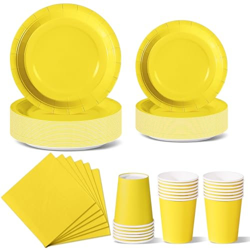 Nkaiso 96 Piezas Amarillo Vajilla Fiesta Cumpleaños, Platos y Vaso Cumpleaños Infantil, Set de Party Decoración Platos Desechable Servilletas para Navidad, Barbacoas, Fiestas -24 Invitado