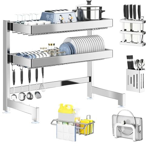 Estante para platos de 2 niveles sobre el fregadero, escurridor de platos para encimera de cocina, estante enrollable para secar platos sobre el fregadero para almacenamiento organizador ,95*28.5*54cm